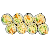 Futomaki especial Salmón, Langostino,Aguacate y Lechuga con Salsa Spicy