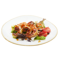 GAMBAS FRITAS CON SALSA TERIYAKI, CHERRY, LECHUGA Y SÉSAMO