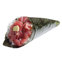 Temaki Tarta Atún con salsa spicy, sesamo, y tobiko.