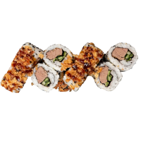 Uramaki Atún frito, cebolla crujiente y salsa teriyaki