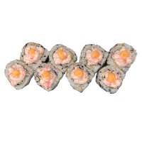 Uramaki salmón y aguacate con pasta de cangrejo y salsa spicy